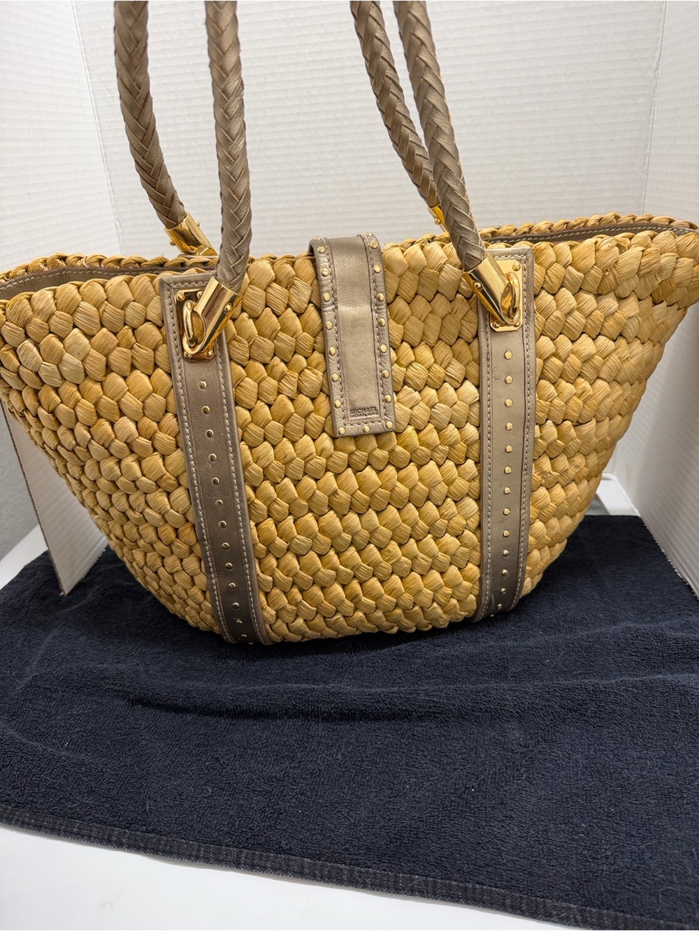 Michael Kors Woven Straw Tote with Metallic Gold Trim - Yellow - Picture 4 of 6